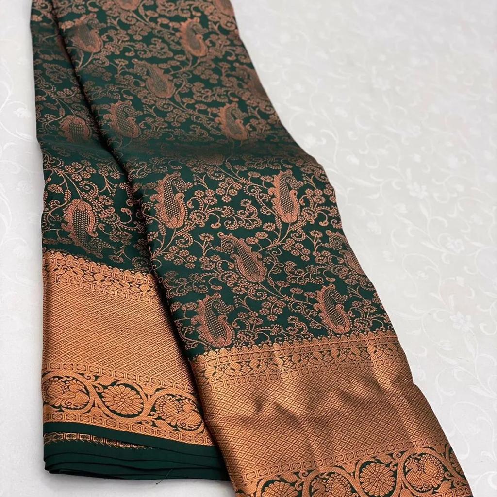 Woebegone Dark Green Soft Silk Saree With Serendipity Blouse Piece ClothsVilla