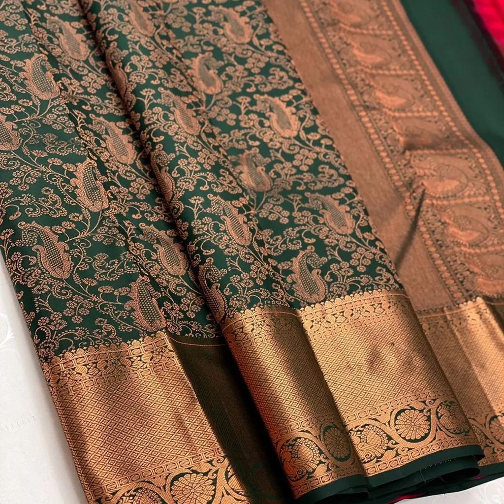 Woebegone Dark Green Soft Silk Saree With Serendipity Blouse Piece ClothsVilla
