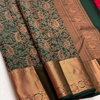 Woebegone Dark Green Soft Silk Saree With Serendipity Blouse Piece ClothsVilla