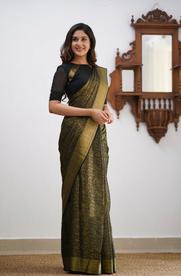 Glittering Black Soft Silk Saree With Enchanting Blouse Piece ClothsVilla