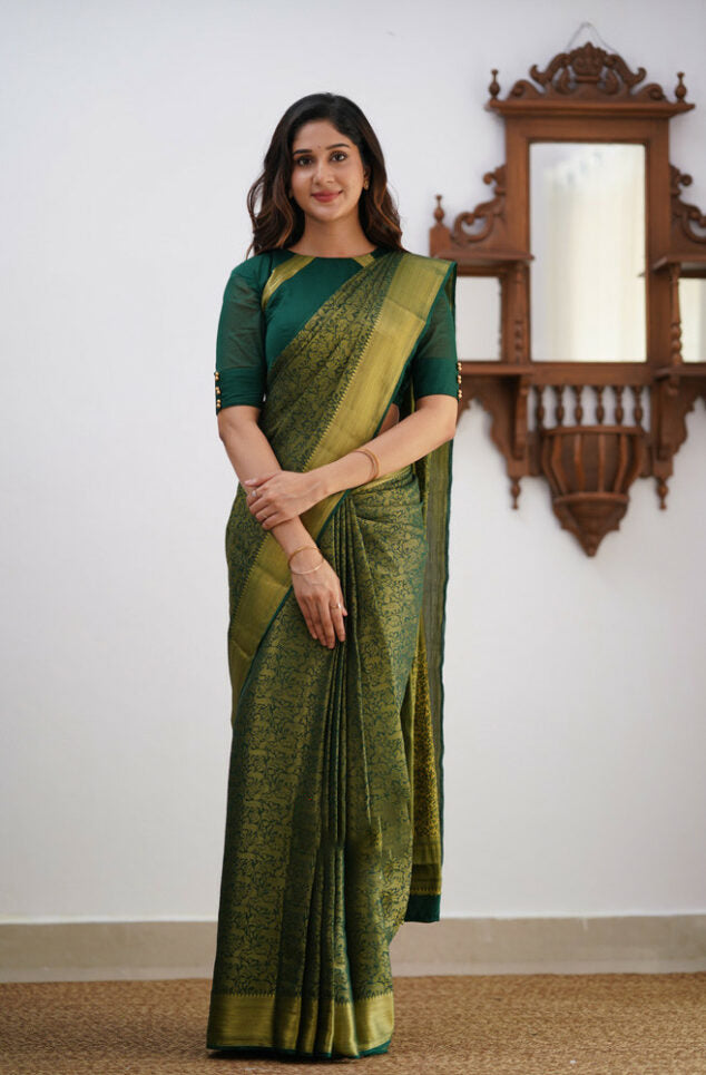 Pleasurable Dark Green Soft Silk Saree With Petrichor Blouse Piece ClothsVilla