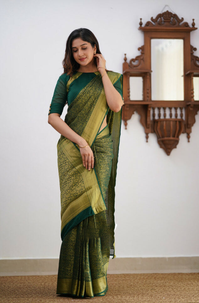 Pleasurable Dark Green Soft Silk Saree With Petrichor Blouse Piece ClothsVilla