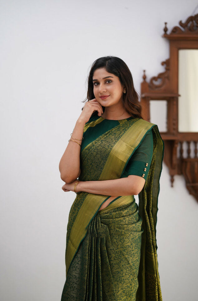 Pleasurable Dark Green Soft Silk Saree With Petrichor Blouse Piece ClothsVilla