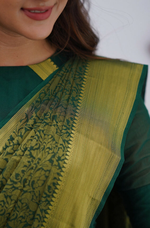 Pleasurable Dark Green Soft Silk Saree With Petrichor Blouse Piece ClothsVilla