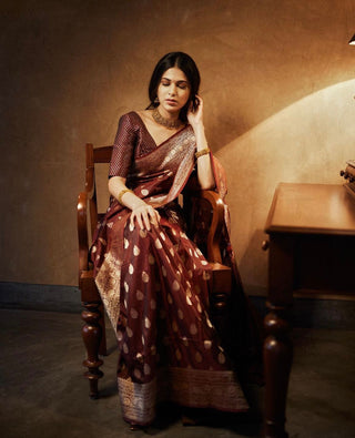 Petrichor Brown Soft Silk Saree With Moiety Blouse Piece ClothsVilla