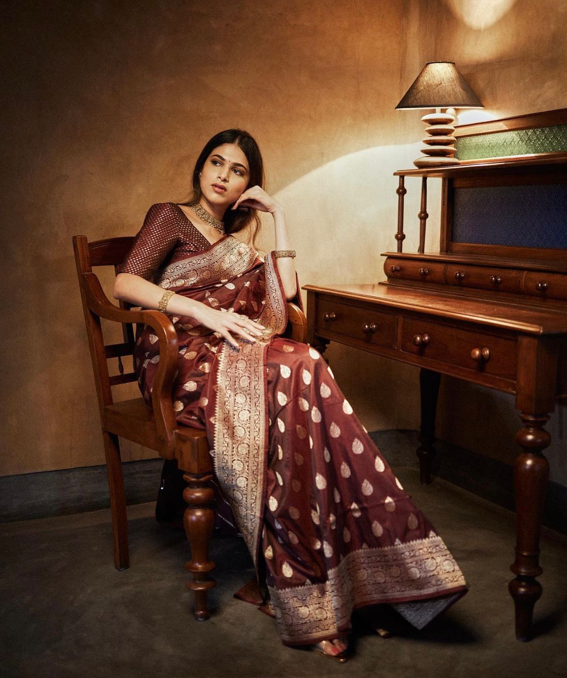 Petrichor Brown Soft Silk Saree With Moiety Blouse Piece ClothsVilla