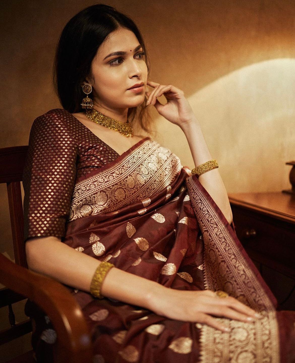 Petrichor Brown Soft Silk Saree With Moiety Blouse Piece ClothsVilla