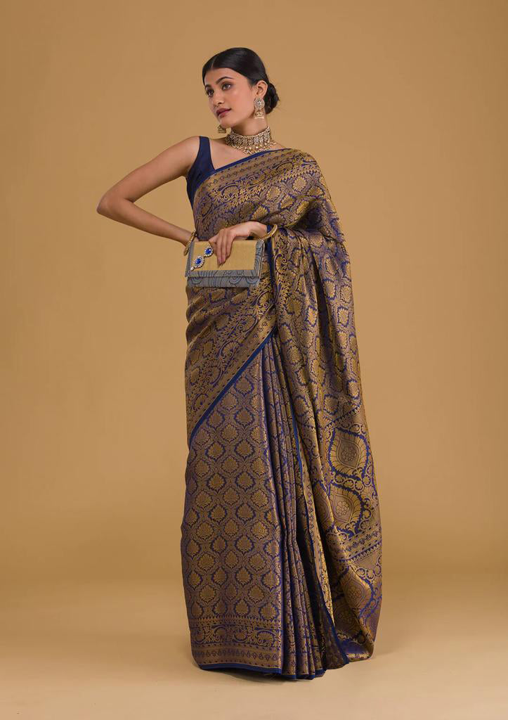 Navy Blue Saree in Soft Silk for wedding - Clothsvilla