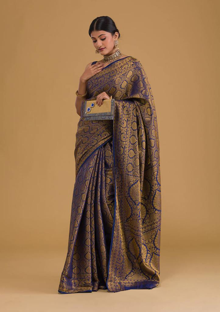 Traditional Navy Blue Soft Silk Saree With Exquisite  Blouse Piece ClothsVilla