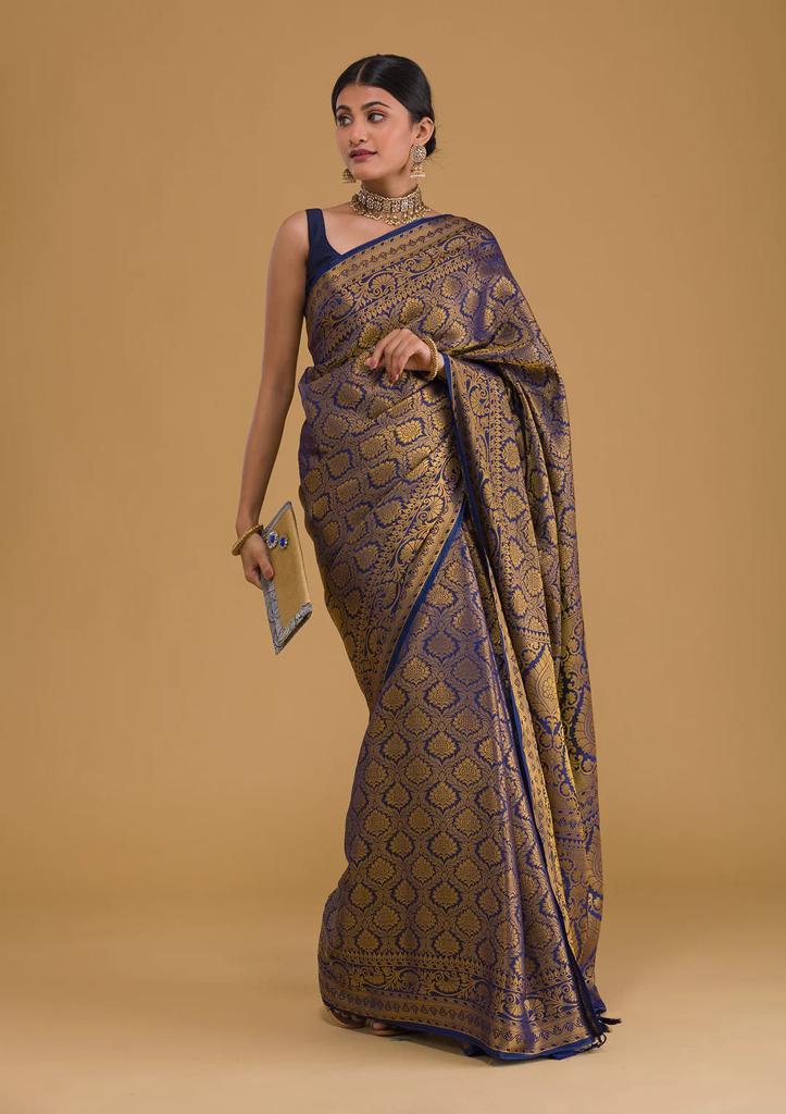 Traditional Navy Blue Soft Silk Saree With Exquisite  Blouse Piece ClothsVilla