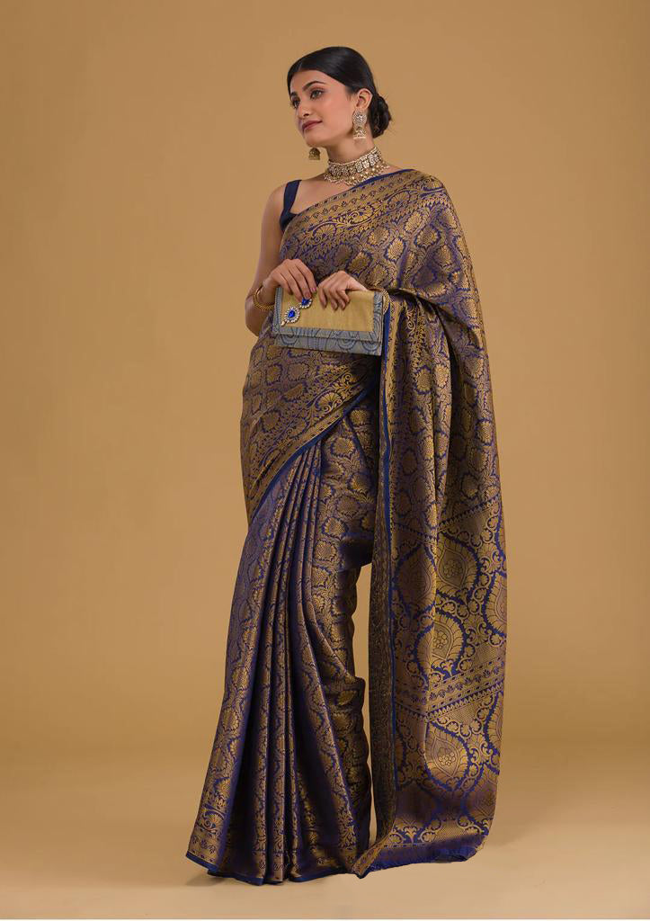 Traditional Navy Blue Soft Silk Saree With Exquisite  Blouse Piece ClothsVilla