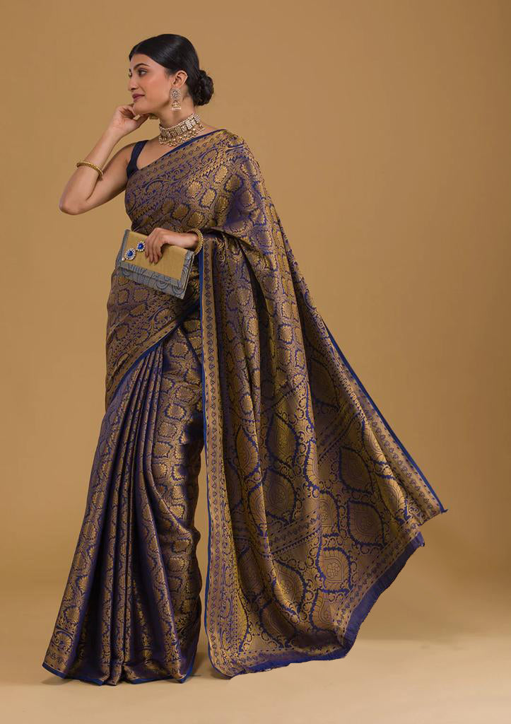 Traditional Navy Blue Soft Silk Saree With Exquisite  Blouse Piece ClothsVilla