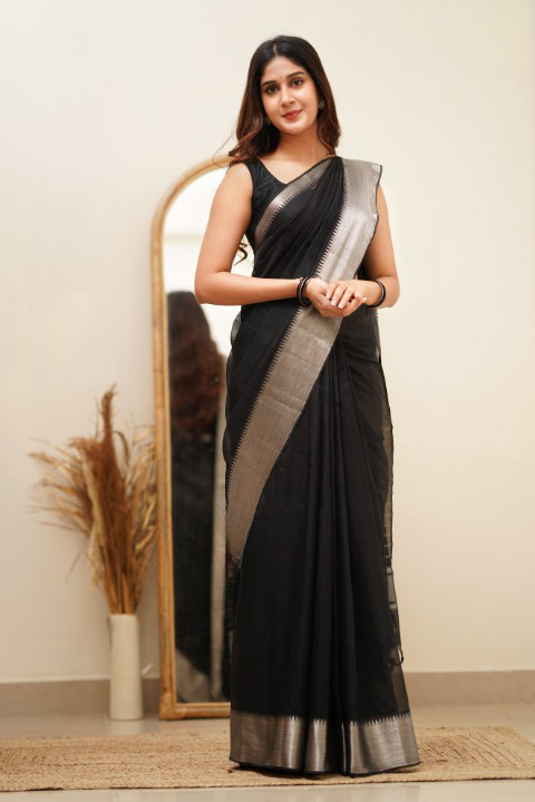 Breathtaking Black Cotton Silk Saree With Intricate Blouse Piece ClothsVilla