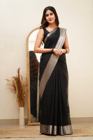 Breathtaking Black Cotton Silk Saree With Intricate Blouse Piece ClothsVilla