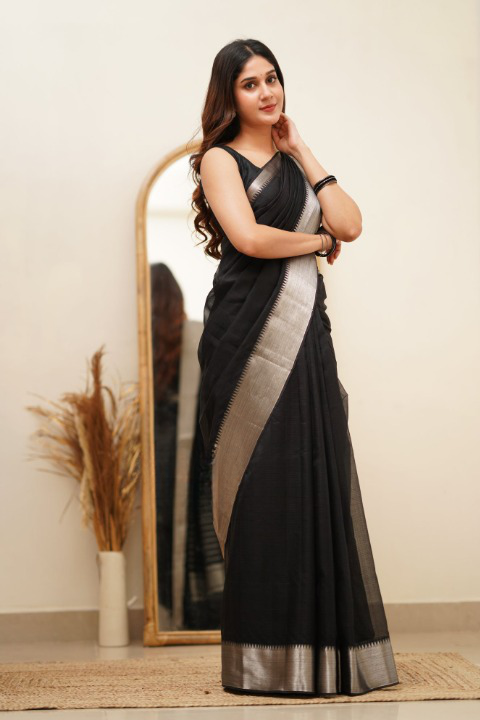 Breathtaking Black Cotton Silk Saree With Intricate Blouse Piece ClothsVilla