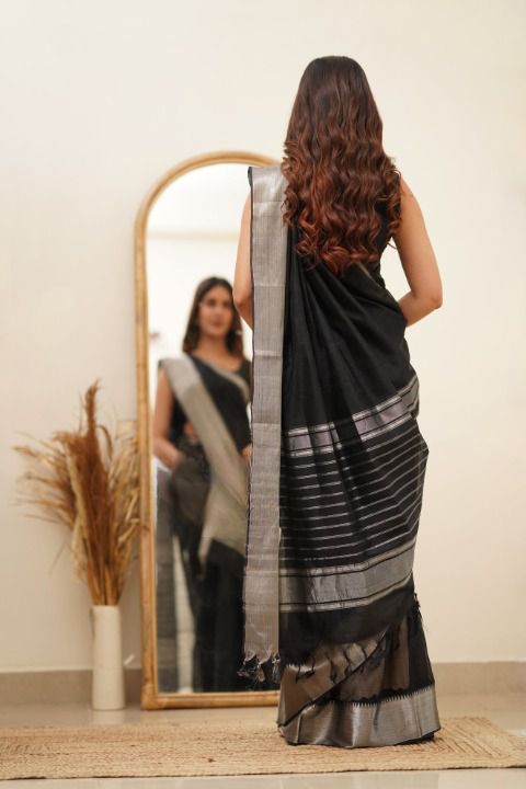 Breathtaking Black Cotton Silk Saree With Intricate Blouse Piece ClothsVilla