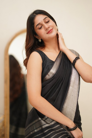 Breathtaking Black Cotton Silk Saree With Intricate Blouse Piece ClothsVilla