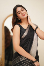 Load image into Gallery viewer, Breathtaking Black Cotton Silk Saree With Intricate Blouse Piece ClothsVilla