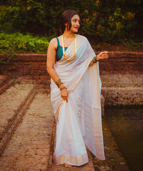 Denouement White Soft Silk Saree With Ratatouille Blouse Piece ClothsVilla Main image