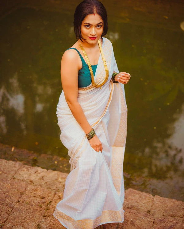 Denouement White Soft Silk Saree With Ratatouille Blouse Piece ClothsVilla