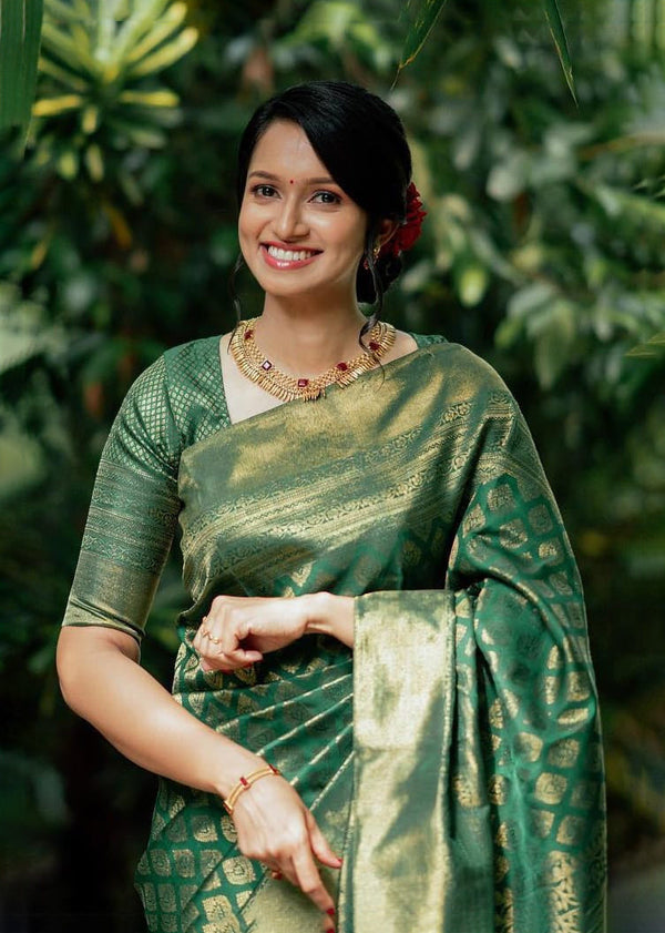 Blooming Rama Soft Silk Saree With Desiring Blouse Piece ClothsVilla