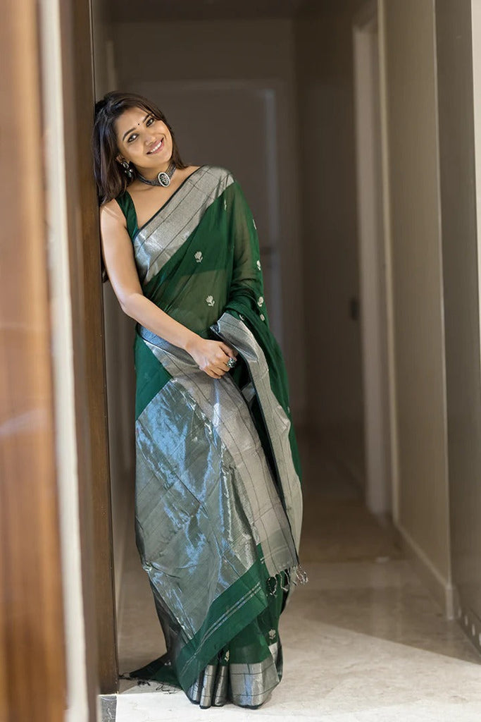Gratifying Green Cotton Silk Saree With Alluring Blouse Piece ClothsVilla