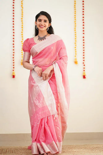 Precious Pink Cotton Silk Saree With Unique Blouse Piece ClothsVilla