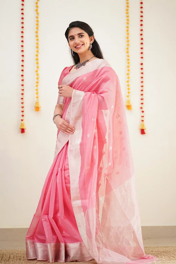 Precious Pink Cotton Silk Saree With Unique Blouse Piece ClothsVilla