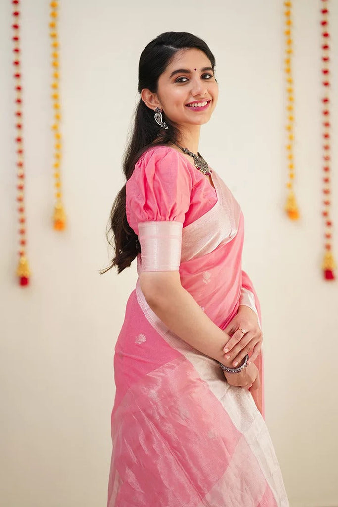 Precious Pink Cotton Silk Saree With Unique Blouse Piece ClothsVilla
