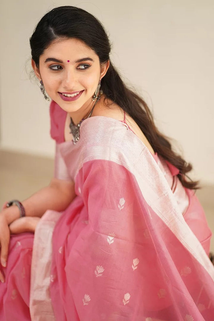 Precious Pink Cotton Silk Saree With Unique Blouse Piece ClothsVilla