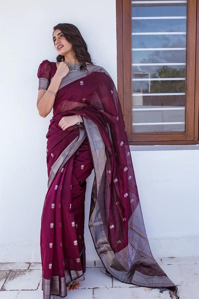 Extraordinary Wine Cotton Silk Saree With Precious Blouse Piece ClothsVilla