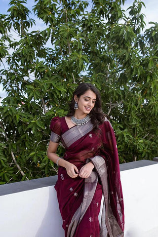 Extraordinary Wine Cotton Silk Saree With Precious Blouse Piece ClothsVilla