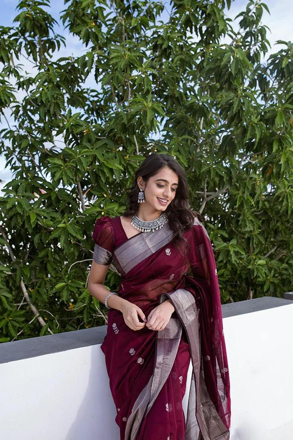 Extraordinary Wine Cotton Silk Saree With Precious Blouse Piece ClothsVilla
