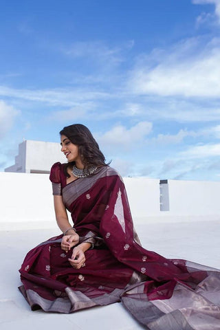 Extraordinary Wine Cotton Silk Saree With Precious Blouse Piece ClothsVilla