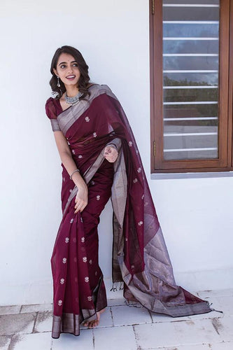 Extraordinary Wine Cotton Silk Saree With Precious Blouse Piece ClothsVilla