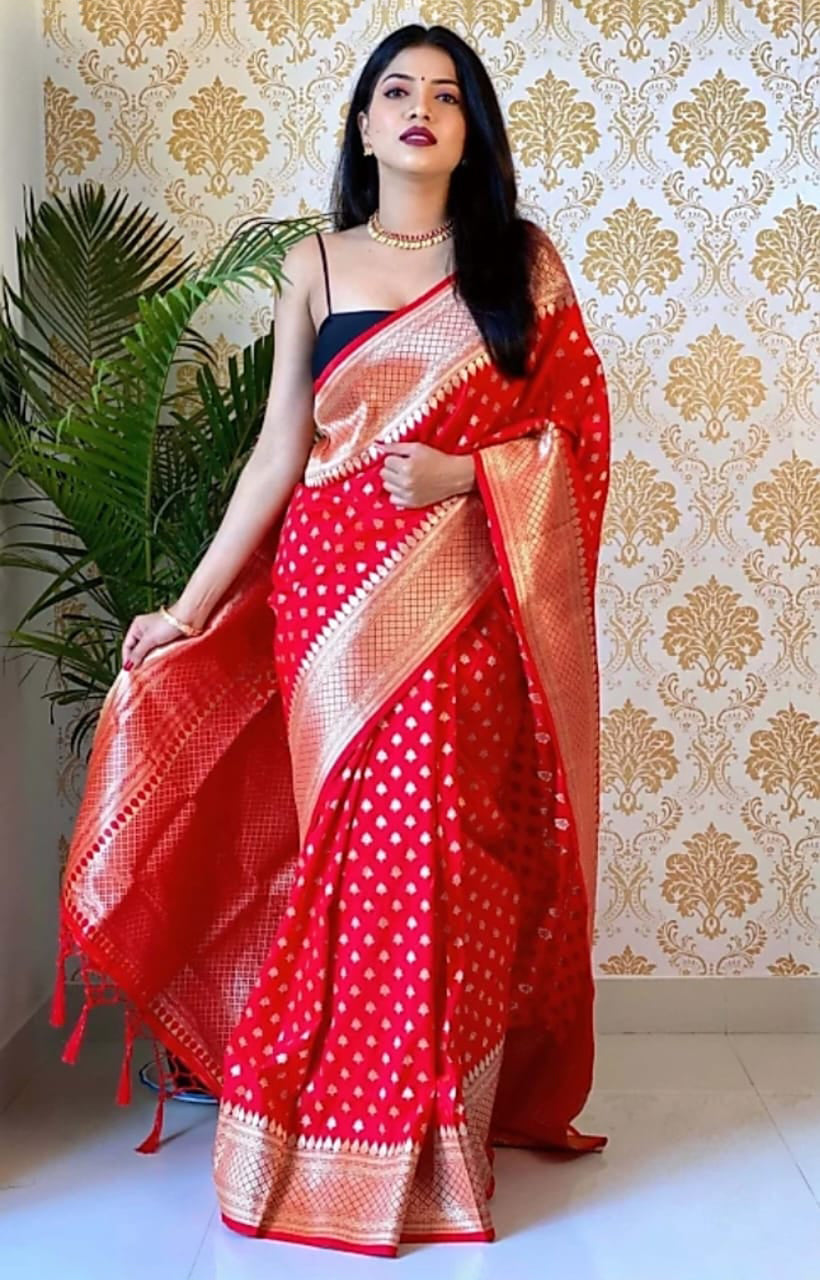 Ailurophile Red Soft Silk Saree With Palimpsest Blouse Piece ClothsVilla