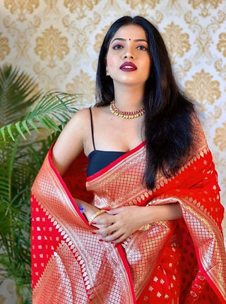 Ailurophile Red Soft Silk Saree With Palimpsest Blouse Piece ClothsVilla