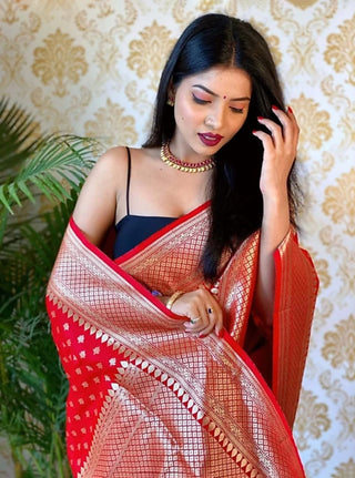 Ailurophile Red Soft Silk Saree With Palimpsest Blouse Piece ClothsVilla
