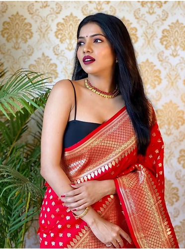 Ailurophile Red Soft Silk Saree With Palimpsest Blouse Piece ClothsVilla