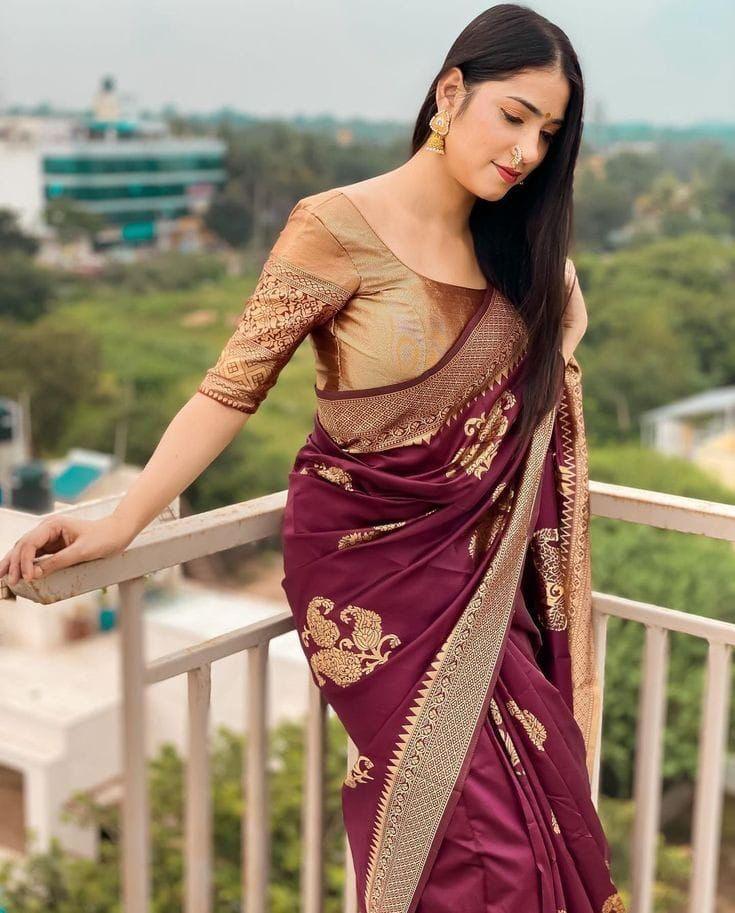 Amazing Wine Soft Silk Saree With Classy Blouse Piece ClothsVilla