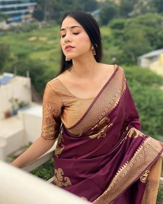 Amazing Wine Soft Silk Saree With Classy Blouse Piece ClothsVilla