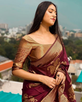 Amazing Wine Soft Silk Saree With Classy Blouse Piece ClothsVilla