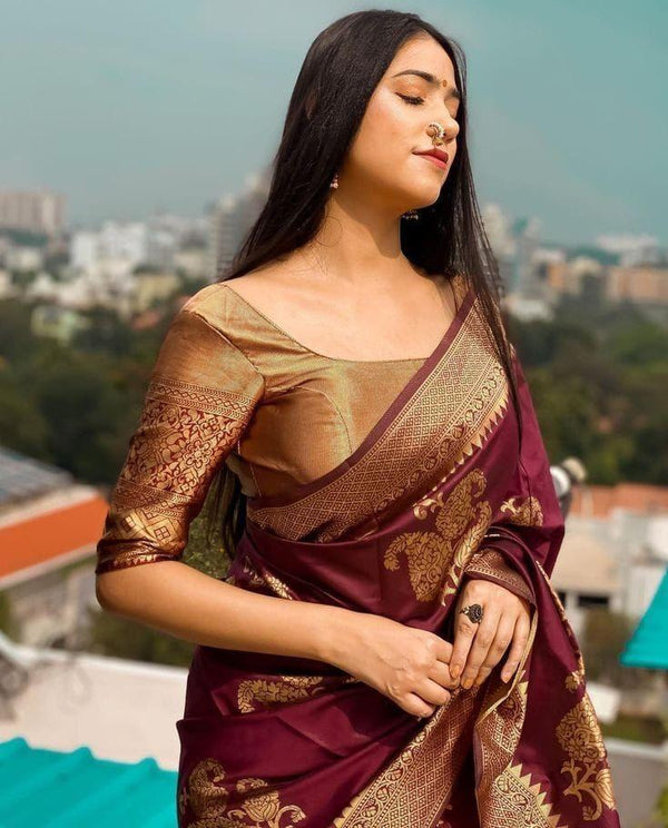 Amazing Wine Soft Silk Saree With Classy Blouse Piece ClothsVilla