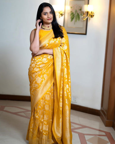 Charming Yellow Soft Silk Saree With Invaluable Blouse Piece ClothsVilla