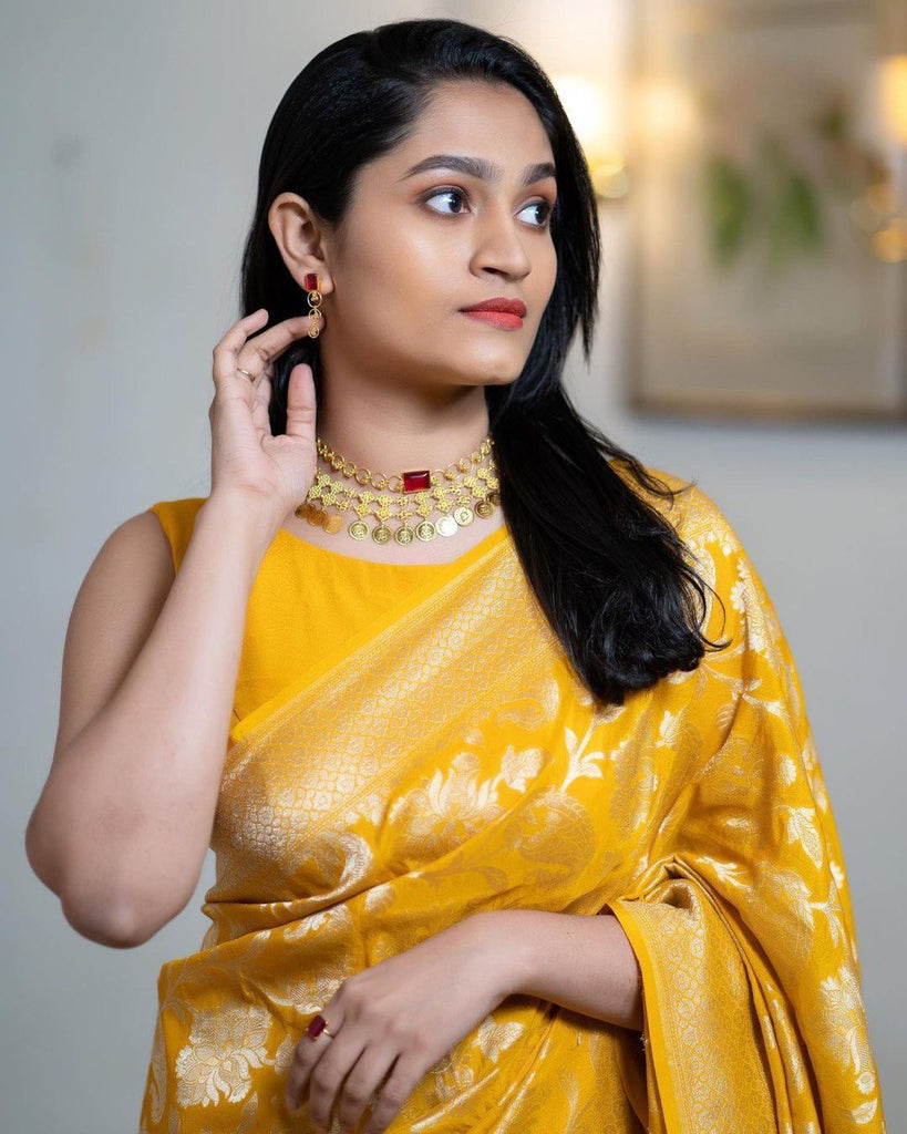 Charming Yellow Soft Silk Saree With Invaluable Blouse Piece ClothsVilla