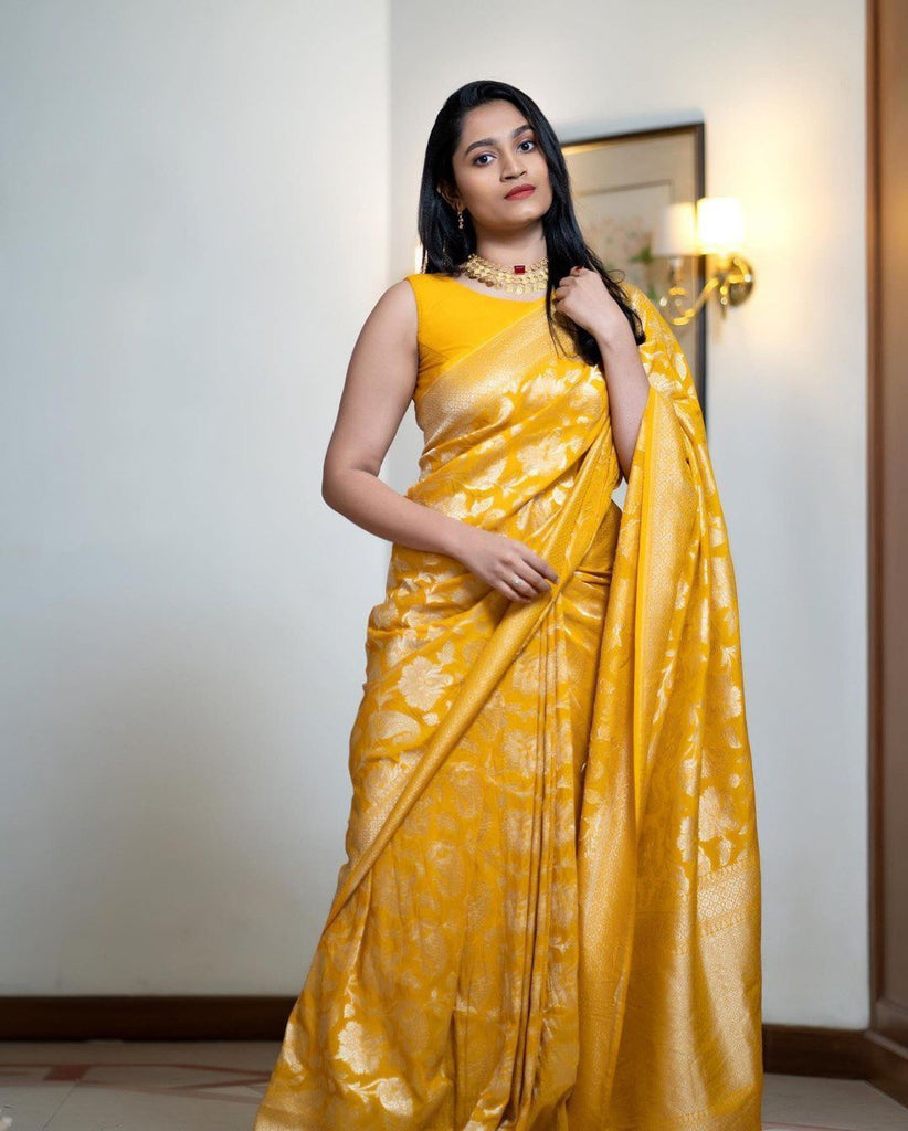 Charming Yellow Soft Silk Saree With Invaluable Blouse Piece ClothsVilla