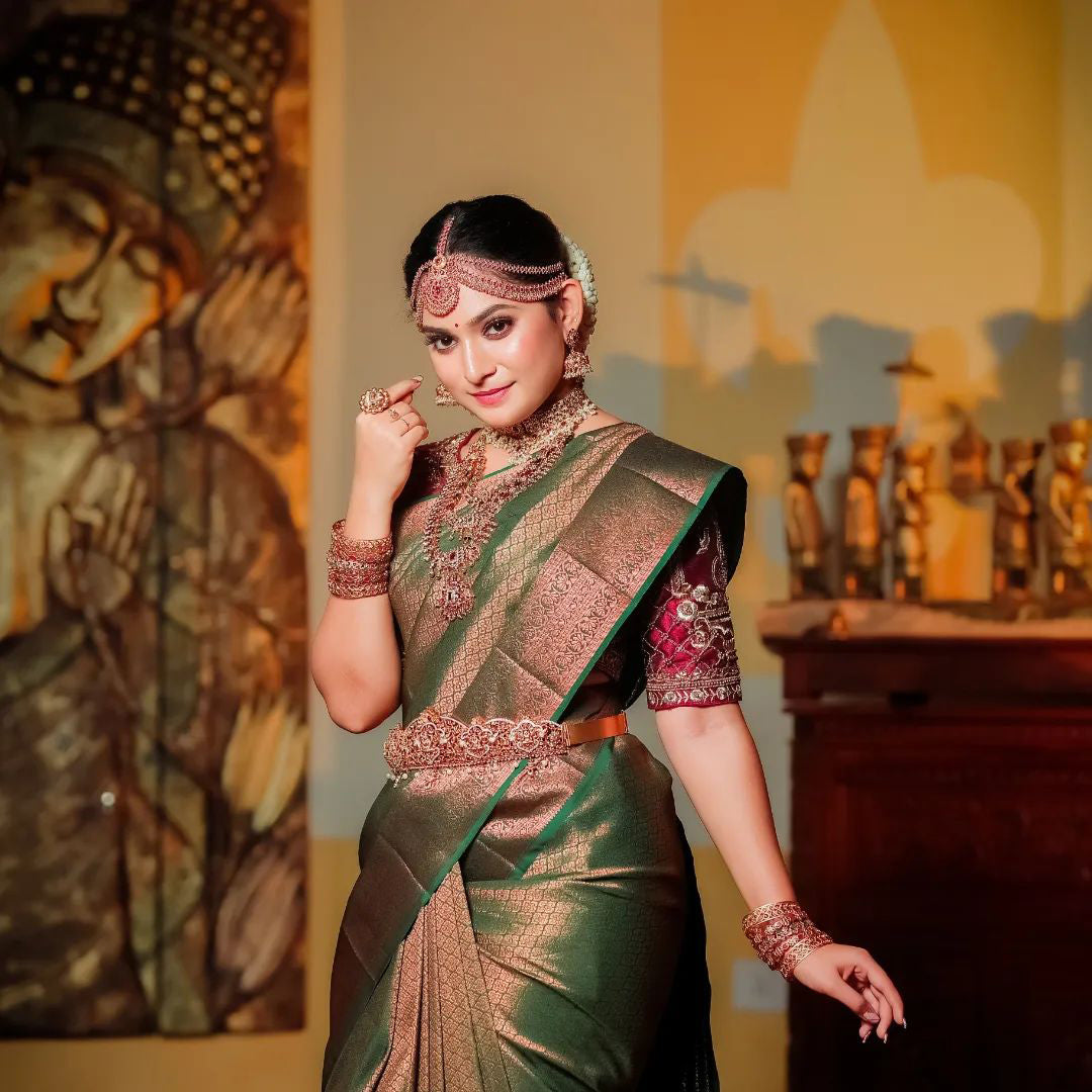 Impressive Dark Green Soft Silk Saree With Designer Blouse Piece ClothsVilla