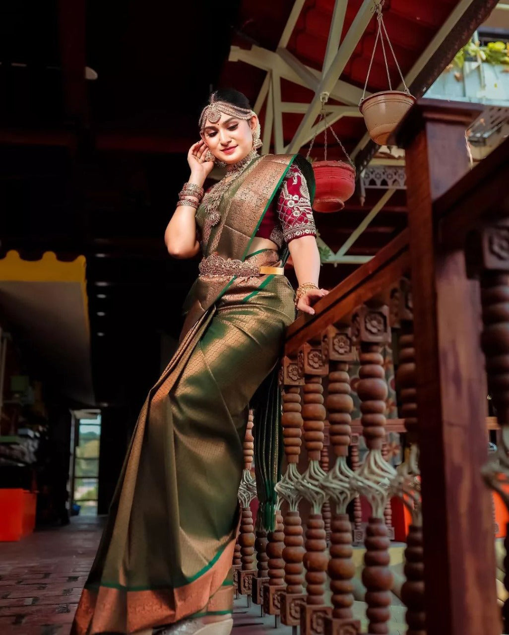 Impressive Dark Green Soft Silk Saree With Designer Blouse Piece ClothsVilla Main image