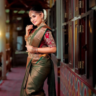 Impressive Dark Green Soft Silk Saree With Designer Blouse Piece ClothsVilla