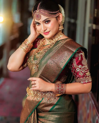 Impressive Dark Green Soft Silk Saree With Designer Blouse Piece ClothsVilla